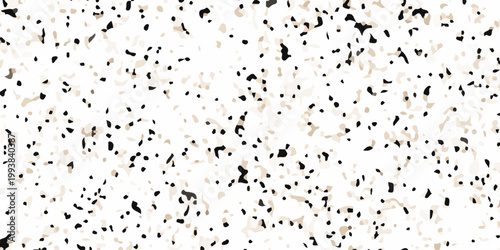 High resolution seamless terrazzo texture with black and beige marble chips on white background for interior design. dense distribution of organic black and tan marble fragments on a crisp white base