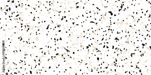 High resolution seamless terrazzo texture with black and beige marble chips on white background for interior design. dense distribution of organic black and tan marble fragments on a crisp white base