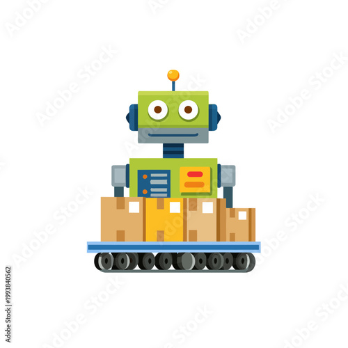 Green Robot Delivers Boxes on a Cart