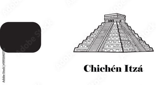 Architectural detail sketch of the Chichen Itza temple stairs and tiers, side perspective view of the historic Mayan ruins in Yucatan.