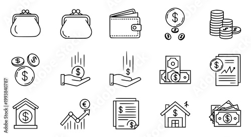 Money Finance Thin Line Icons Collection Wallet Cash Banking Vector Set