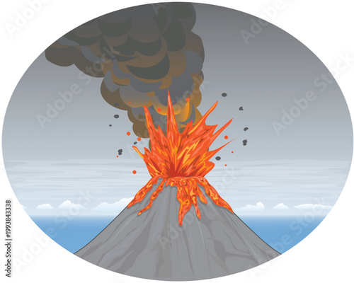 Vector illustration design of a volcano that appears to be erupting and emitting hot lava and black smoke with a background of sea and sky that are gray due to the smoke