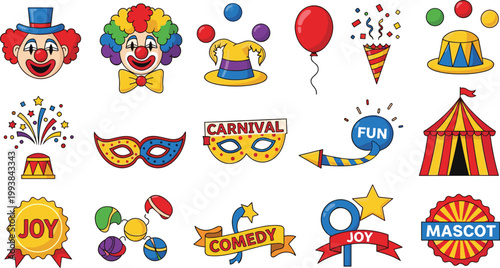 Carnival Circus Party Icons Set with Clown Tent Balloon Fun Elements