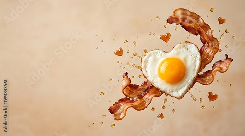 Telur mata sapi berbentuk hati dengan bacon dan tetesan saus di latar belakang beige