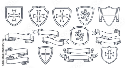 Collection of Royal Heraldic Shields and Banners with Crosses and Lions