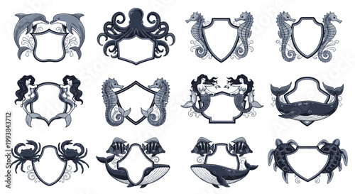 Collection of Royal Marine Life Emblem Shields with Dolphins Octopus Seahorses Mermaids Whales Fish and Turtles