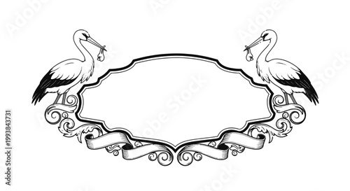 Elegant Vintage Frame with Storks Carrying Newborns Ornate Swirls and Banner Detail