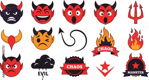 Devil Demon Mascot Icons Set with Chaos Evil Fire Symbols