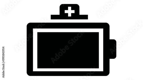 Battery icon with a plus sign symbol, representing charging or medical battery power, flat vector design isolated on whi