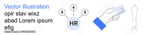 Business growth, human resources, payment systems, employee management, career progression, workplace efficiency. HR hub with arrows, hand offering money and an upward arrow. Human resources