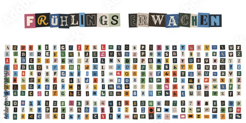 Frühlings Erwachen Schriftzug aus bunten Zeitschriften-Ausschnitten im Erpresserbrief-Stil