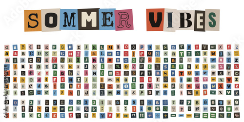 Buntes Erpresserbrief Alphabet Set mit Zahlen und Sonderzeichen für kreative Sommer Collagen