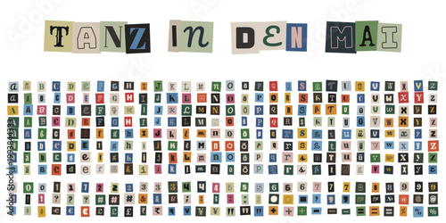 Tanz in den Mai Schriftzug aus Zeitungsausschnitten, DIY Party Einladung, Retro Buchstaben Collage