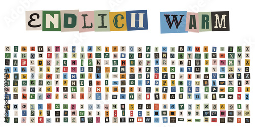 Buntes Alphabet im Erpresserbrief-Stil, Vintage Collage Buchstaben und Zahlen für kreative Designs