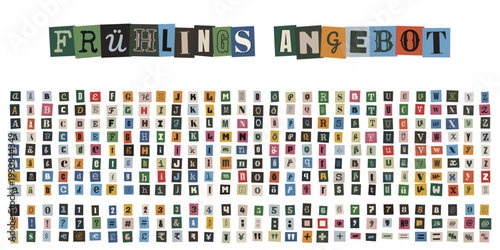 Frühlingsangebot aus bunten Erpresserbrief Buchstaben, Ransom Note Alphabet Set