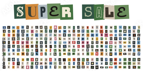 Anonyme Erpresserbrief Buchstaben Set für kreative Collagen und Super Sale Banner Design