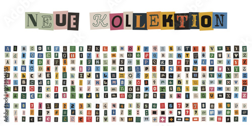 Bunte Buchstaben im Erpresserbrief-Stil, Vintage Magazin Ausschnitte für kreative Collagen