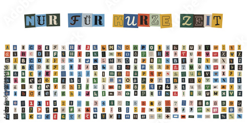 Erpresserbrief Alphabet Set, bunte ausgeschnittene Buchstaben aus Zeitungen, Ransom Note Stil