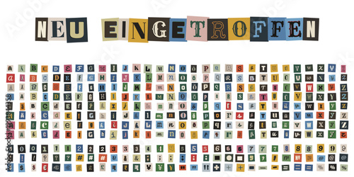 Neu eingetroffen Schriftzug aus bunten Erpresserbrief Buchstaben und Alphabet Set für Collagen