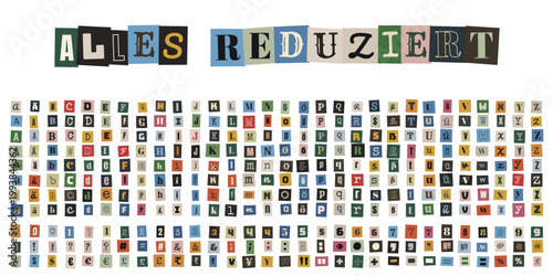 Alles reduziert Schriftzug im Erpresserbrief-Stil mit komplettem Alphabet und Zahlen für kreative Werbung