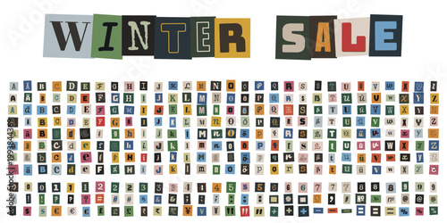 Winter Sale Banner im Erpresserbrief-Stil, bunte Buchstaben Collage, komplettes Alphabet Set