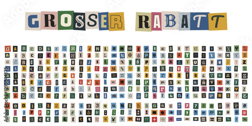 Grosser Rabatt Schriftzug im bunten Erpresserbrief Stil aus Magazin Buchstaben