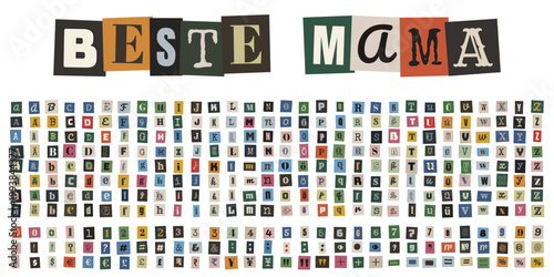 Beste Mama Erpresserbrief Stil Alphabet, bunte ausgeschnittene Buchstaben aus Zeitungen