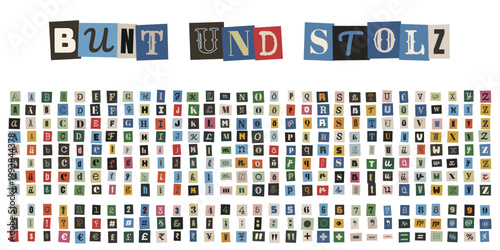 Bunt und Stolz Schriftzug im Erpresserbrief Stil mit Alphabet Set für LGBTQ Pride und DIY Collagen