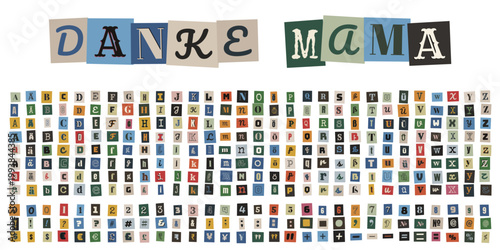 Erpresserbrief Alphabet Set, Danke Mama Schriftzug aus Zeitungsausschnitten, Ransom Note Buchstaben