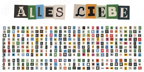 Alles Liebe Schriftzug und Alphabet aus bunten Zeitungsbuchstaben im Erpresserbrief-Stil.