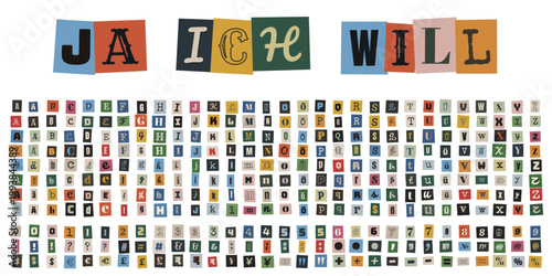 Ja ich will Schriftzug aus bunten Zeitungsausschnitten für DIY Hochzeitseinladungen