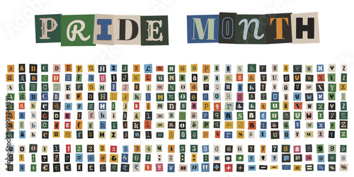 Pride Month Schriftzug aus bunten Erpresserbrief Buchstaben, LGBTQ Alphabet Set