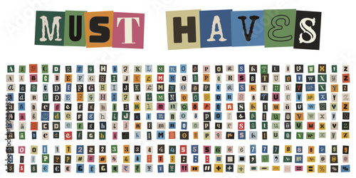 Erpresserbrief Alphabet Set, Ransom Note Buchstaben, Bunte Zeitungsausschnitte fuer Collagen