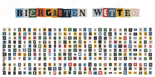 Erpresserbrief Stil Alphabet aus bunten Zeitungsausschnitten für kreative Collagen und DIY Designs