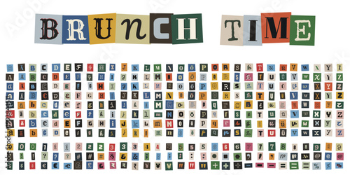 Erpresserbrief Alphabet Set fuer kreative Collagen, Brunch Time Schriftzug aus Zeitungsausschnitten