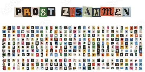 Prost Zusammen Schriftzug aus bunten Zeitungsausschnitten für Oktoberfest Einladungen