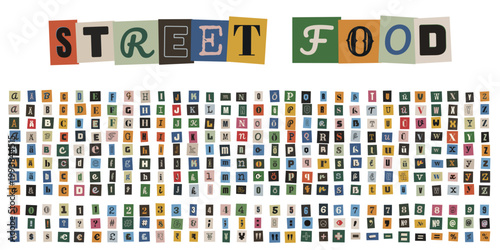Anonyme Erpresserbrief Buchstaben für Street Food Marketing, bunte ausgeschnittene Lettern und Zahlen
