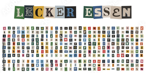 Lecker Essen Schriftzug aus Zeitungsbuchstaben im Erpresserbrief-Stil für kreative Food-Blogs