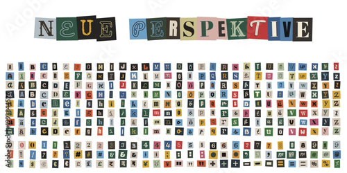 Erpresserbrief Alphabet Set, Ransom Note Buchstaben, Neue Perspektive Collage, Bunte Zeitungsausschnitte