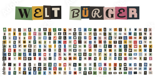 Bunte Buchstaben und Zahlen im Erpresserbrief-Stil für Collagen mit dem Wort Weltbürger