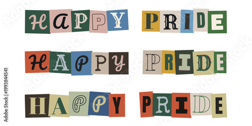 Happy Pride Schriftzug im bunten Retro Collage Stil für LGBTQ Pride Month