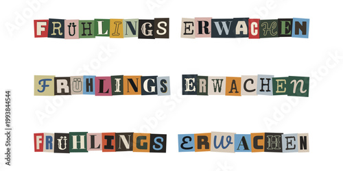 Frühlingserwachen Schriftzug im Erpresserbrief Stil, bunte Buchstaben Collage, Frühlingsanfang Dekoration