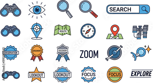 Search Explore Observation Icons Set with Zoom Focus Route Symbols
