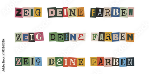 Zeig deine Farben Schriftzug Collage für Diversität Inklusion und LGBTQ Stolz