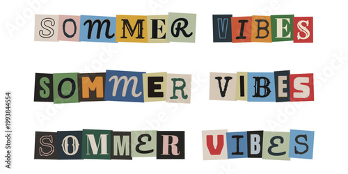 Sommer Vibes Schriftzug im bunten DIY Collage Bastelstil, Retro Magazin Ausschnitte