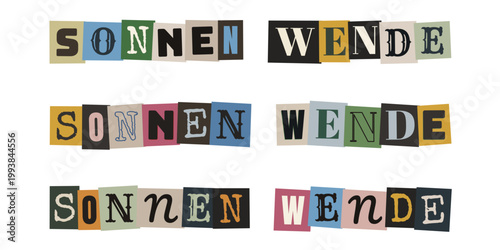 Sonnenwende Schriftzug im Vintage Erpresserbrief Stil Collage Design für Sommerwende Feste