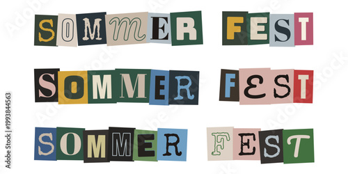 Bunter Sommerfest Schriftzug im Erpresserbrief Stil für DIY Einladungen und Retro Gartenparty Plakate