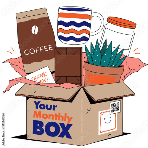 Monthly subscription box with various items spilling out colorful vector illustration