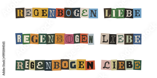 Regenbogen Liebe Schriftzug im DIY Collage Stil für LGBTQ Pride und queeren Aktivismus