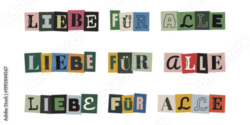 Liebe für alle Schriftzug im bunten Collagen-Stil für LGBTQ+ Pride, Inklusion und Vielfalt